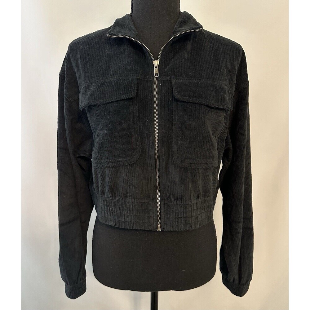 AERIE Ribbed Velour Zip Up Long Sleeve Black‎ Crop Sweater SMALL NWT